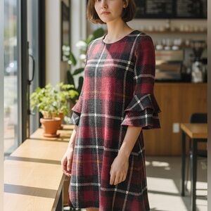 R&K Plaid Burgundy/Black Shift Dress Size 10